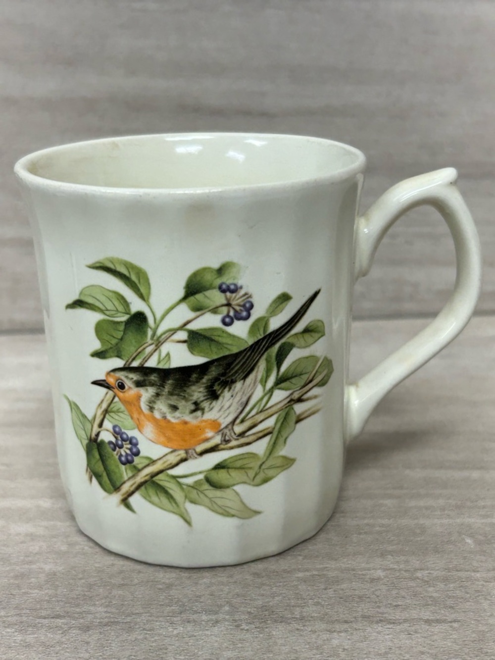 Ceramic Bird Pattern Mug - White with Orange & Green Accents. Made in Japan